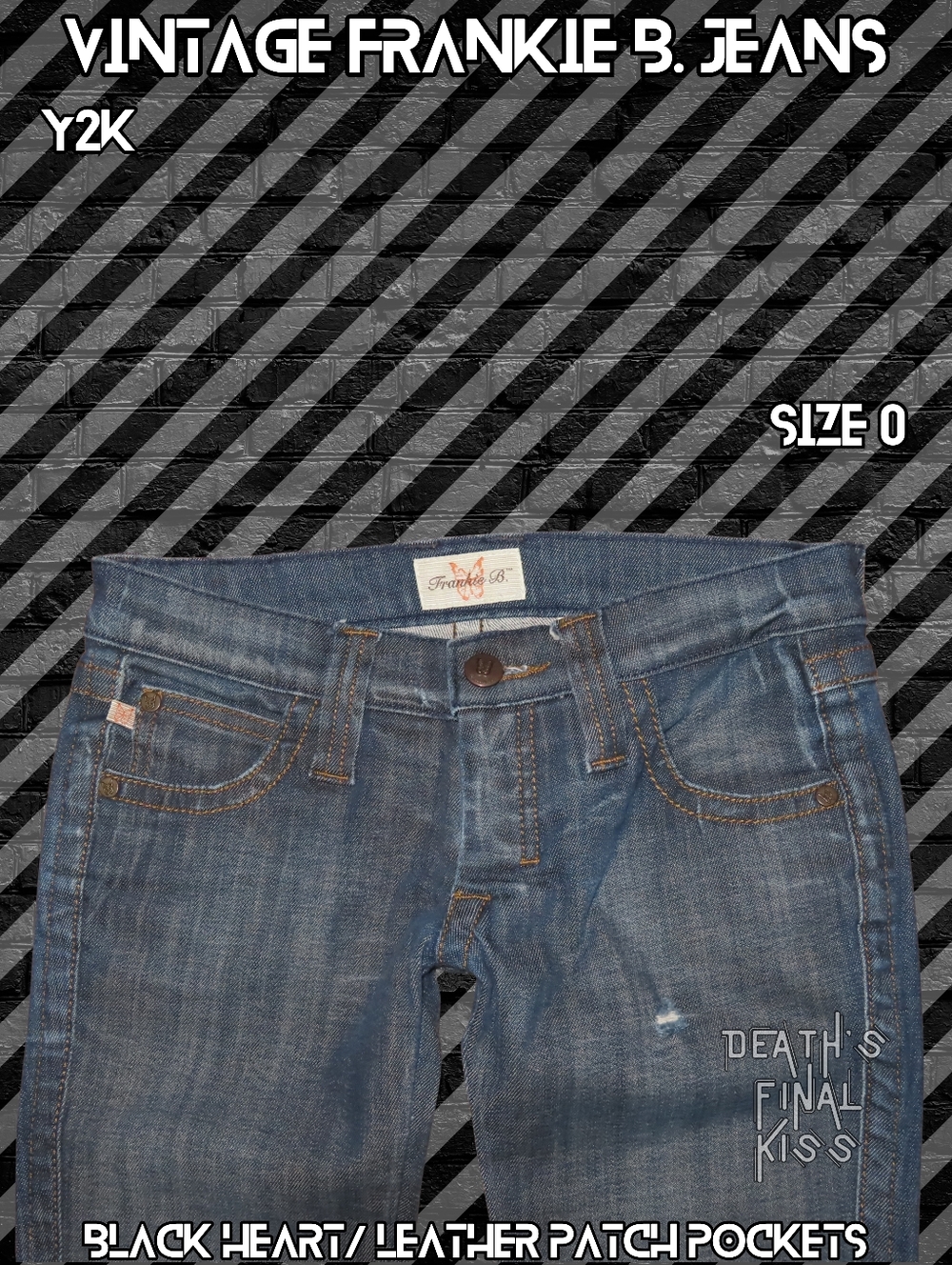 Y2K 🖤 HTF Frankie B. Ultra Low Rise Jeans Black Heart Leather Patched Pockets 0 - Picture 7 of 11